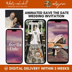 May include: An animated save the date wedding invitation digital product featuring three smartphone screens displaying custom illustrations of a couple, a wedding ceremony scene with two cats, and the Sydney Opera House at sunset.