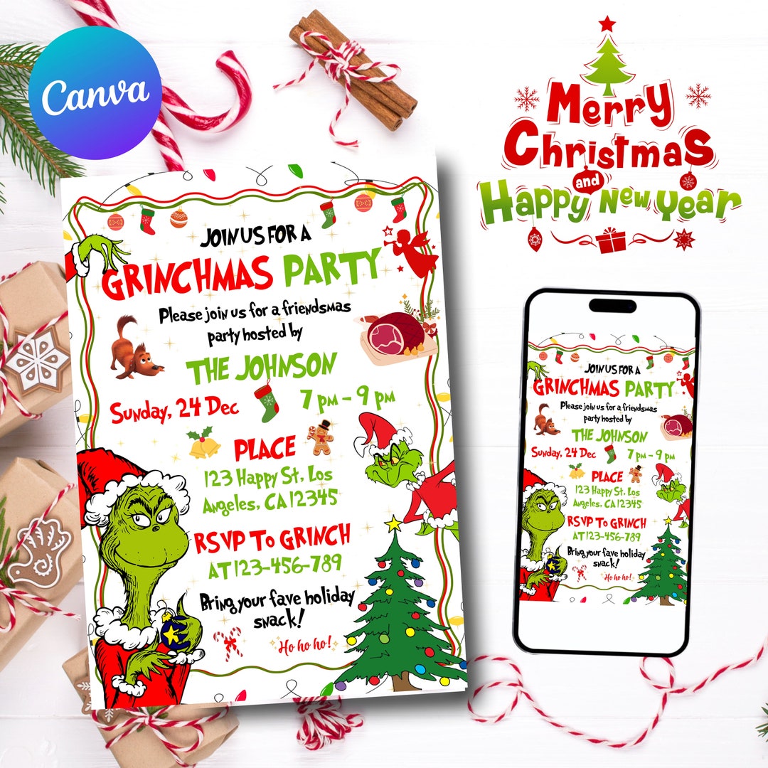 Grinch Christmas Invitation Canva Template Editable Grinchmas Etsy Grinch Christmas Invitation Canva Template Editable Grinchmas Etsy