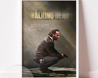 May include: A printable poster featuring a character from the TV show "The Walking Dead." The poster has a distressed, vintage look and features the text "The Walking Dead" and the quote "The new world is gonna need new rules." The character is depicted in a crouched position, holding a gun, and is wearing a brown jacket and jeans.