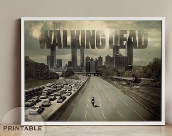 May include: A printable poster featuring a cityscape with the text "The Walking Dead" in large, bold letters. The city is deserted and there are cars and a lone figure on a highway.
