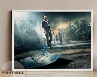 May include: A poster featuring a character from the TV show "The Walking Dead" walking down a street with a gun in hand. The background is a blurry image of a post-apocalyptic world. The text "The Walking Dead" is visible in the background.