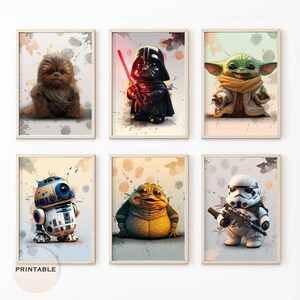 Peut inclure: Ensemble de six impressions d'art mural imprimables mettant en scène divers personnages de Star Wars dans un style cartoon. Les personnages incluent Chewbacca, Dark Vador, Yoda, R2-D2, Jabba le Hutt et un Stormtrooper.