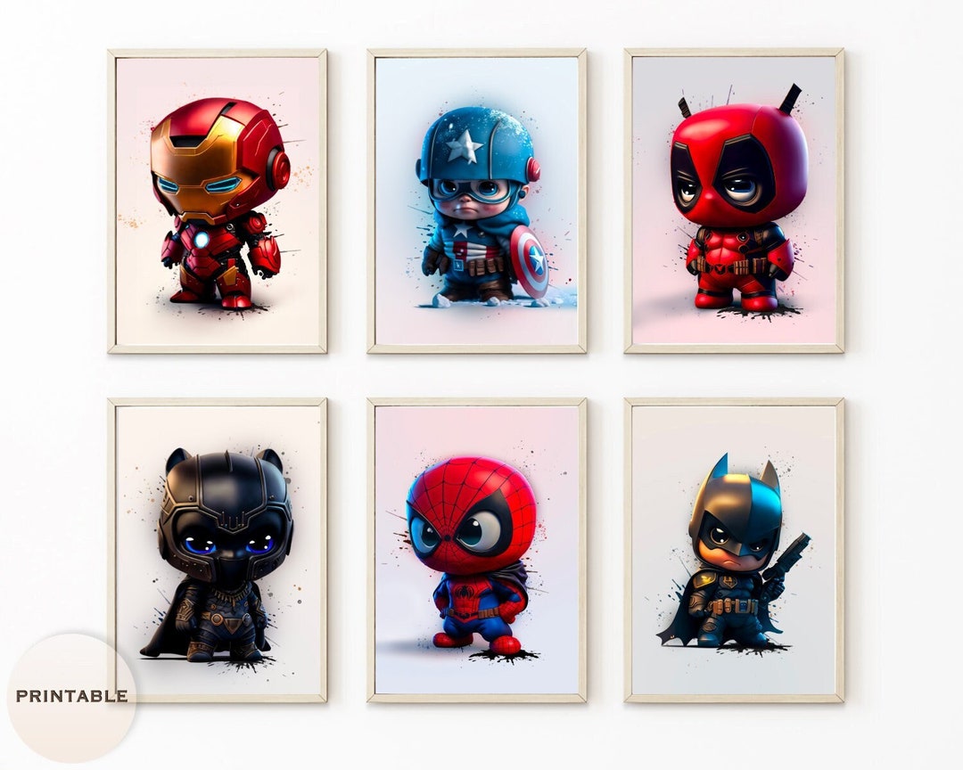 Set of 6 Mini Superhero Posters, Printable Cute Superhero Prints, Superhero Wall Decor ...