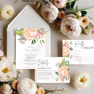 Pink and Peach Floral Wedding Invitation, Editable Canva Template Wedding Invitation Suite, Printable Bright Flower Wedding Invite Set