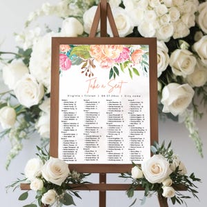Plano de asientos para boda con flores en rosa y melocotón, plantilla editable de Canva para tomar asiento, elegante plano de asientos para mesa de recepción con flores imprimible
