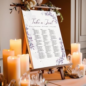 Plano de asientos para boda con flores lilas, plantilla editable de Canva para tomar asiento, elegante plano imprimible para mesa de recepción con flores lilas.