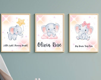 May include: Three watercolor illustrations of elephants with different sayings. The first elephant is holding a star and says "Little Light Shining Bright". The second elephant is sitting on a cloud and says "Olivia Rose". The third elephant is wearing a bow and says "Big Dreams Tiny Toes".