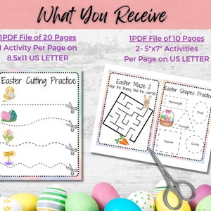 May include: Two printable PDF files for Easter activities. The first file contains 20 pages with one activity per page, such as cutting practice. The second file contains 10 pages with two 5x7 inch activities per page, such as a maze and shape practice.