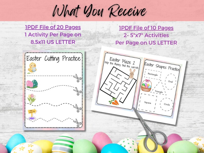 May include: Two printable PDF files for Easter activities. The first file contains 20 pages with one activity per page, such as cutting practice. The second file contains 10 pages with two 5x7 inch activities per page, such as a maze and shape practice.