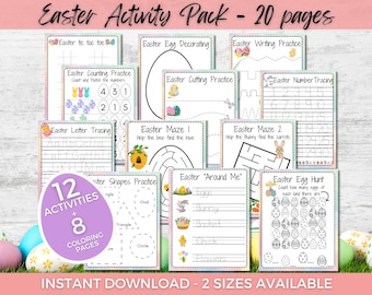 Easter Activity Pages for Kids, Easter Coloring and Easter Games Printable, Montessori Toddler Preschool Worksheets, Kids Coloring Pages