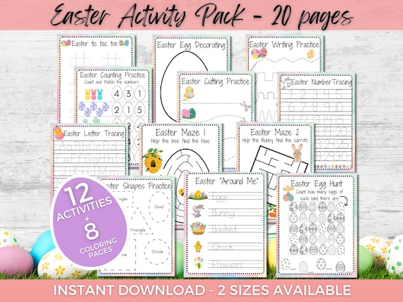 Easter Activity Pages for Kids, Easter Coloring and Easter Games Printable, Montessori Toddler Preschool Worksheets, Kids Coloring Pages
