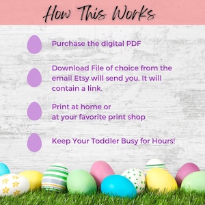 May include: How This Works: A digital printable Easter egg hunt activity for toddlers. The instructions are listed in four steps with purple icons. The image shows a row of colorful Easter eggs on a bed of green grass.