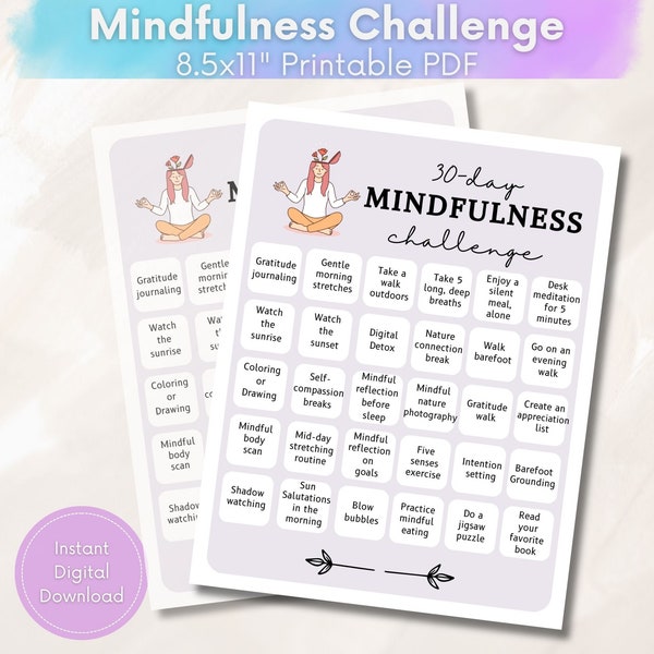 30 day Mindfulness Challenge, 30 day Challenge Printable, Mindfulness Printable, Mindfulness Gift, Wellness Activity Printable