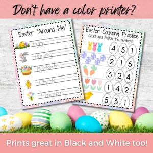 May include: Two printable Easter activity sheets. The first sheet is a tracing activity with the words "Easter Around Me" and images of eggs, a bunny, a basket, a chick, and flowers. The second sheet is a counting activity with the words "Easter Counting Practice" and images of eggs, bunnies, carrots, and flowers. The text "Count and Match the numbers" is also included. The sheets are printed on a white background with a light pink and blue gradient border.