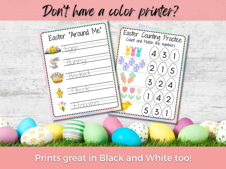 May include: Two printable Easter activity sheets. The first sheet is a tracing activity with the words "Easter Around Me" and images of eggs, a bunny, a basket, a chick, and flowers. The second sheet is a counting activity with the words "Easter Counting Practice" and images of eggs, bunnies, carrots, and flowers. The text "Count and Match the numbers" is also included. The sheets are printed on a white background with a light pink and blue gradient border.