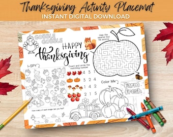 Thanksgiving Activity Placemat: Kids Coloring Page (Digital Download)