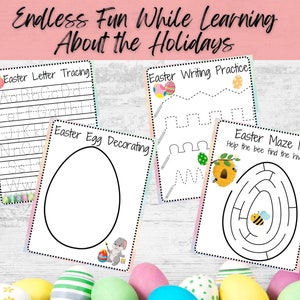 May include: Four printable Easter activity sheets with colorful borders. The sheets include letter tracing, writing practice, egg decorating, and a maze.