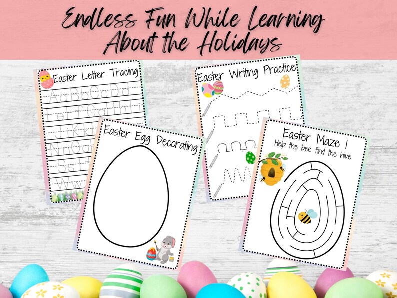 May include: Four printable Easter activity sheets with colorful borders. The sheets include letter tracing, writing practice, egg decorating, and a maze.