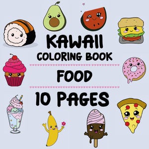 Kawaii Food Coloring Book PDF | 10 Cute, Easy Food-Themed Coloring Pages for Kids & Adults PDF | Digital Download