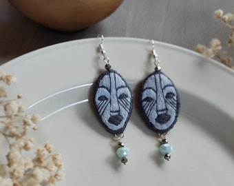 Blue Face earrings / earrings embroidered oval African mask / ethnic jewelry handmade/