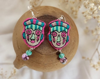 face earrings /Earrings embroidered African masks / pink green accessories handmade/ pagan earrings