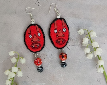 Red face earrings / embroidered oval African mask /mystical strange surreal devil / demon ethno style earrings