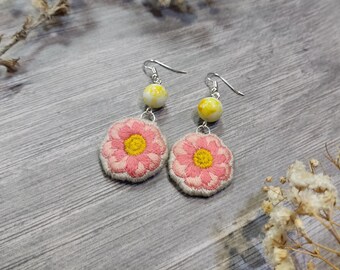 Earrings pink flower / pink flower embroidered jewelry / floral accessories handmade