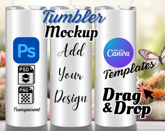 Tumbler Mockup 20 oz Skinny Tumbler mock up Canva Three Tumblers Mock PNG Drag and Drop Mockup PSD Tumblers Sublimation Editable Wrap Mockup