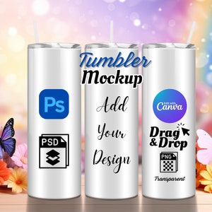Tumbler Mockup 20 oz Skinny Tumbler mock up Canva Three Tumblers Mock PNG Drag and Drop Mockup PSD Tumblers Sublimation Editable Wrap Mockup