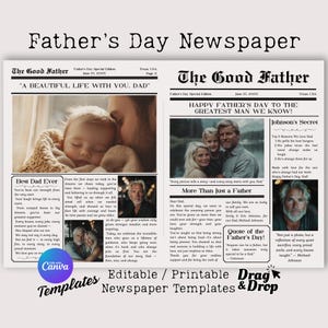 Plantilla de periódico del Día del Padre: imprimible y editable. Regalo para papá con fotos, texto personalizado, diseño de página de recuerdo conmovedor. Plantilla Canva.