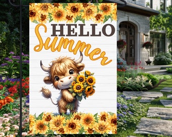 Hallo Sommer Highland Kuh Sonnenblumen PNG, Kuh mit Sonnenblumen Gartenfahne, Yard dekorative Außenfahne, Sublimationsdesign, Hausfahne PNG