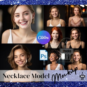 May include: A mockup image showing different models wearing a necklace. The image is divided into nine sections, with each section showing a different model. The text "Necklace Model Mockup" is displayed at the bottom of the image.