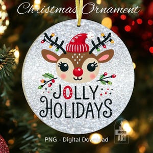Jolly Holidays Ornament Sublimation PNG, Reindeer Ornament Round Christmas Ornament PNG Instant Download Watercolor Ornament png Sticker png