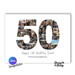 50th Birthday Photo Collage Template Personalized 50th Birthdays Gift for Women, Him, Mom, Number Collage, Family Gift, Birthday Gift, Canva