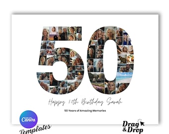 50th Birthday Photo Collage Template Personalized 50th Birthdays Gift for Women, Him, Mom, Number Collage, Family Gift, Birthday Gift, Canva