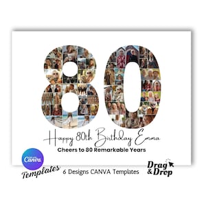 80th Birthday Photo Collage Template Personalized 80th Birthdays Gift for Women, Him, Mom, Number Collage, Family Gift, Birthday Gift, Canva