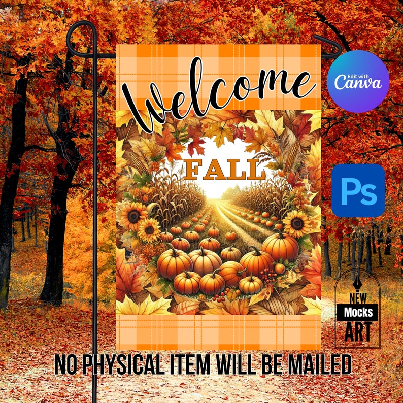 K&ouml;nnte beinhalten: Eine Herbst-Willkommensgartenflagge mit kariertem Hintergrund. Die Flagge zeigt einen Kranz aus Herbstbl&auml;ttern, K&uuml;rbissen, Sonnenblumen und Maisst&auml;ngeln. Der Text "Willkommen Herbst" ist in einer dekorativen Schrift geschrieben.