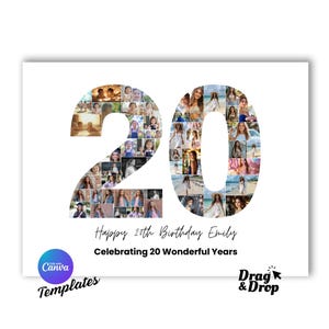 20th Birthday Photo Collage Template Personalized 20th Birthdays Gift for Women, Him, Mom, Number Collage, Family Gift, Birthday Gift, Canva