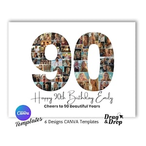 90th Birthday Photo Collage Template Personalized 90th Birthdays Gift for Women, Him, Mom, Number Collage, Family Gift, Birthday Gift, Canva