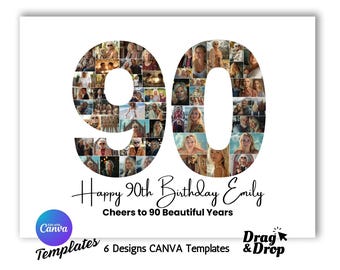 Modello di collage fotografico per il 90° compleanno, regalo personalizzato per il 90° compleanno per donne, lui, mamma, collage di numeri, regalo di famiglia, regalo di compleanno, Canva