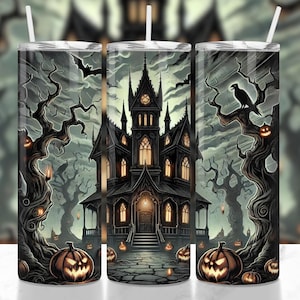 Halloween Haunted House Tumbler Wrap PNG, Halloween Pumpkin Mansion, 20oz Skinny Tumbler Sublimation Design, Spooky Season Wrap Design PNG