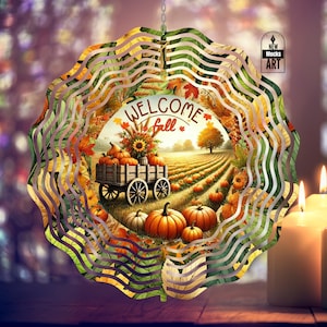 Welkom herfst wind spinner voeg je tekst toe herfst pompoenen winkelwagen png tuin spinner werf decor sublimatie wind spinner ontwerpsjabloon downloaden