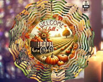 Welcome Fall Wind Spinner Add Your Text Fall Pumpkins Cart PNG Garden Spinner Yard Decor Sublimation Wind Spinner Design Template Download
