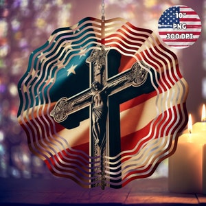 American Flag Cross 4th of July Decorations Wind Spinner Garden Spinner Yard Decor Sublimation Wind Spinner Design Template PNG Download