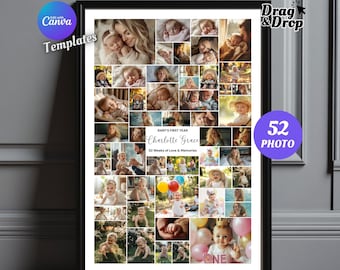 24x36 Photo Collage, Poster Collage Template for 52 Photos, Large Photo Collage Template, Family, Baby, Wedding, Memorial, Digital Download