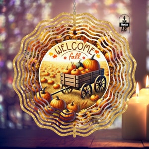 Welkom herfst wind spinner voeg je tekst toe herfst pompoenen winkelwagen png tuin spinner werf decor sublimatie wind spinner ontwerpsjabloon downloaden