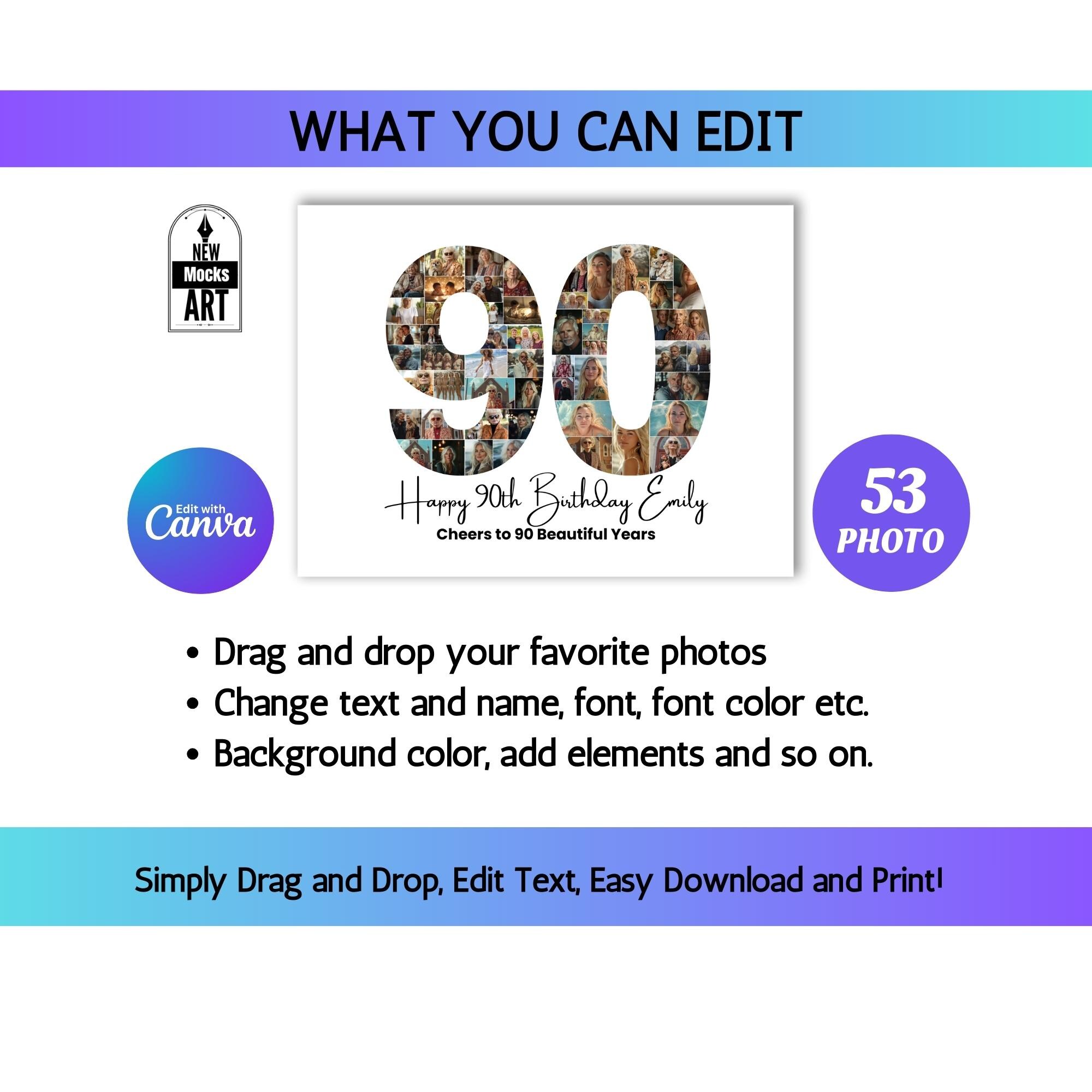 90th Birthday Photo Collage Template Personalized 90th Birthdays Gift ...