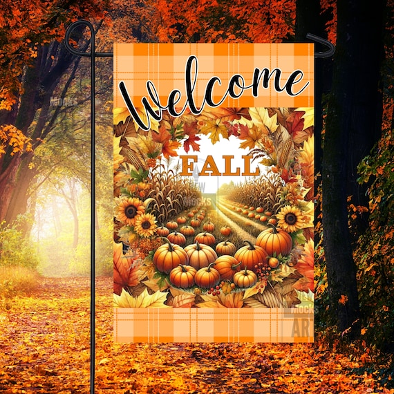 Welcome Fall Garden Flag, Fall Flag Pumpkins Fall Season Designs PNG 12x18 Garden flag Sublimation Design Graphics Yard Flag, House Flag PNG