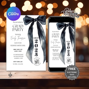 Modello di invito alla laurea stampabile modificabile Black Bow Grad party Evite Classe del 2025 Annuncio di laurea fai da te College Canva Template
