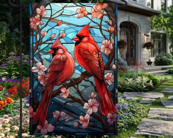 2 Kardinal PNG Gartenfahne, rote Vögel Kardinal Glasmalerei PNG, 12x18 Gartenfahne Sublimationsdesign Grafik Hoffahne, Hausfahne PNG